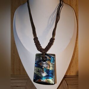 MURANO Multicolor Silver, Green, Gold Marano Glass Square Pendant Necklace NWOT